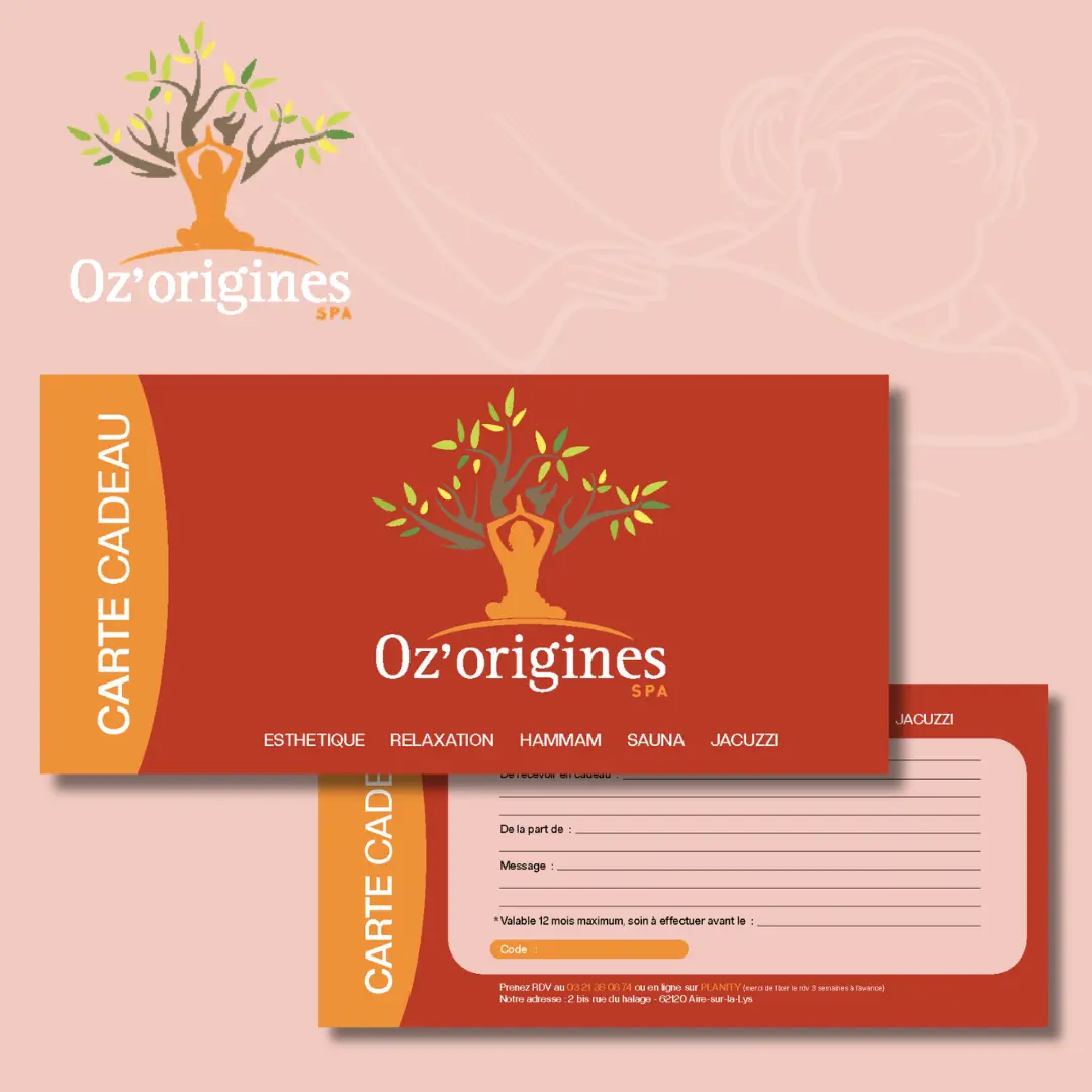 réalisation d'une carte cadeau pour l'entreprise de massage Oz'origines à Aire sur la Lys (62)